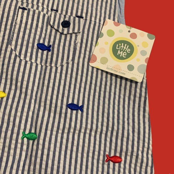 Little Me Woven Sunsuit w Hat NWT Nautical Blue Summer Stripes & Rainbow Fish - Picture 2 of 3